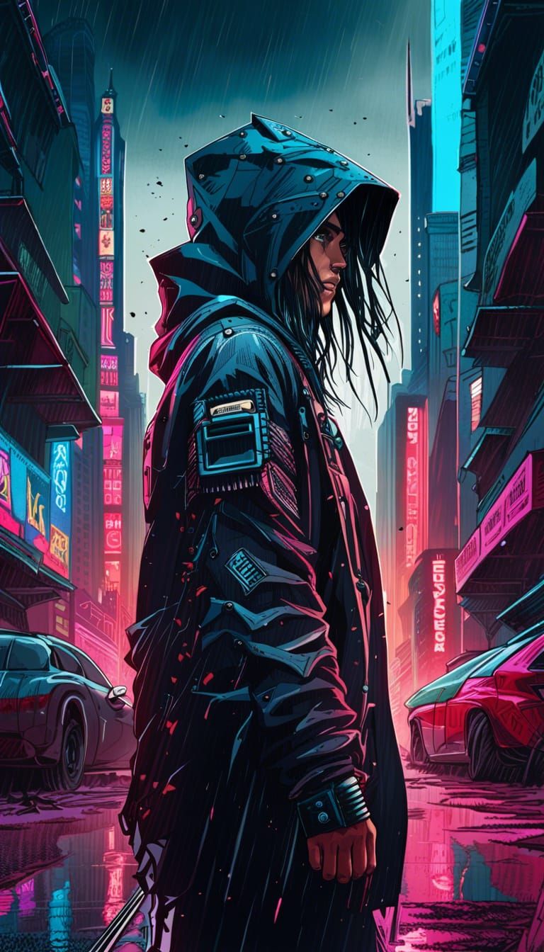 Cyberpunk Ninja in Rainy Street: Synthwave Apocalypse