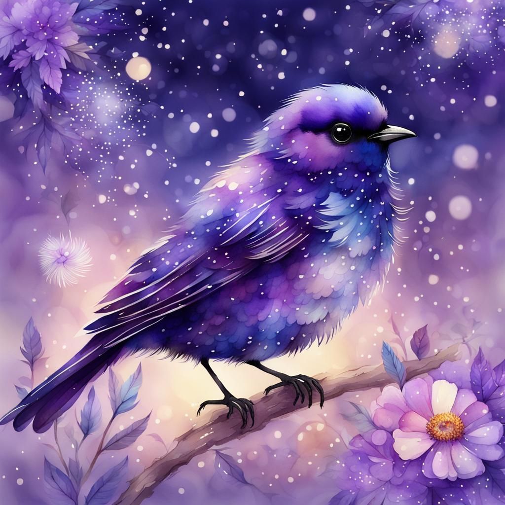 Watercolor Purple Bird with Intricate Feathers