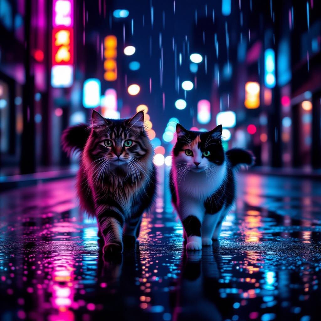 Cats in Neon City Rain, Photorealistic Style