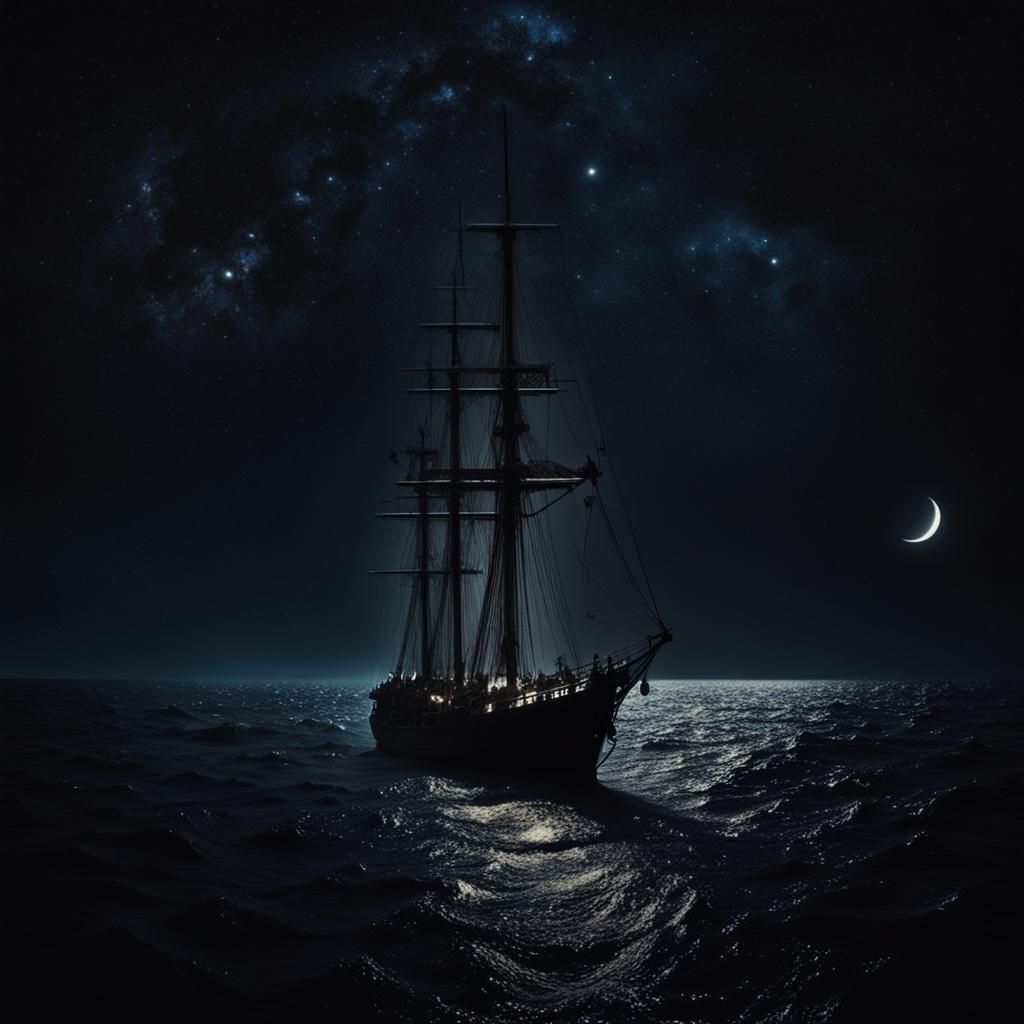 Cinematic Ship Sails Under Starry Night Sky