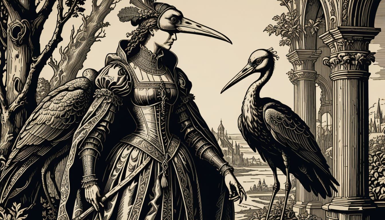 Renaissance Woodcut of Woman with Stork