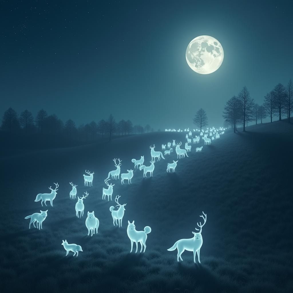 Moonlit Hillside with Spectral Animals