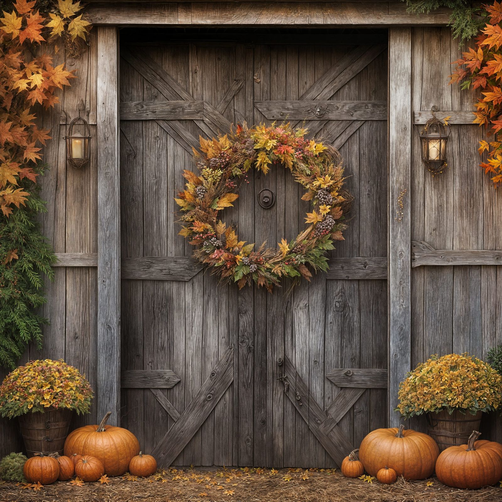 Old Barn Door with Autumn Wreath
