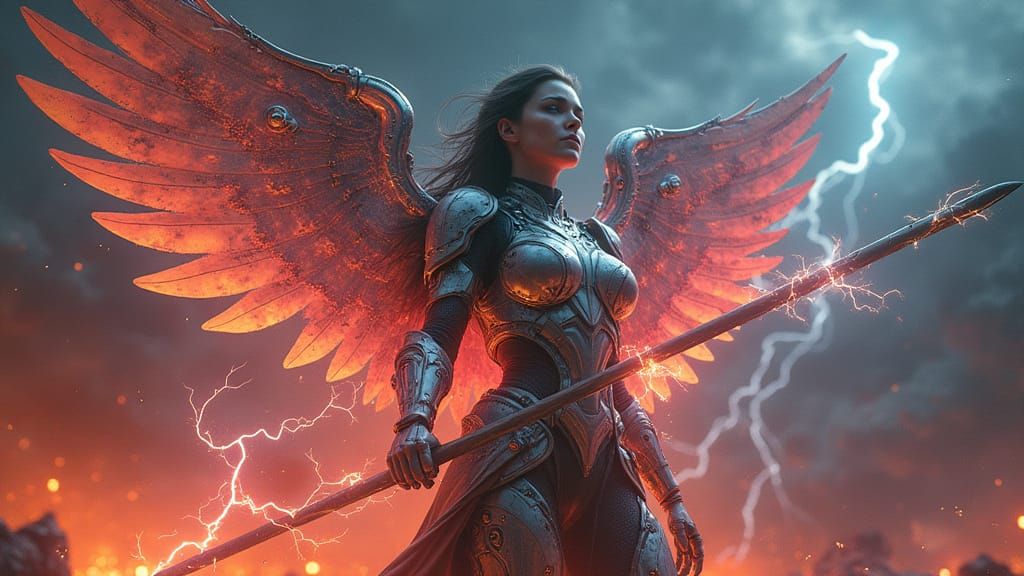 Cyberpunk Valkyrie Rises from Fiery Ashes