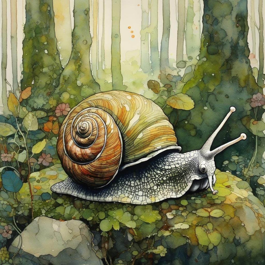 Colorful Snail on Mossy Stone Illustration