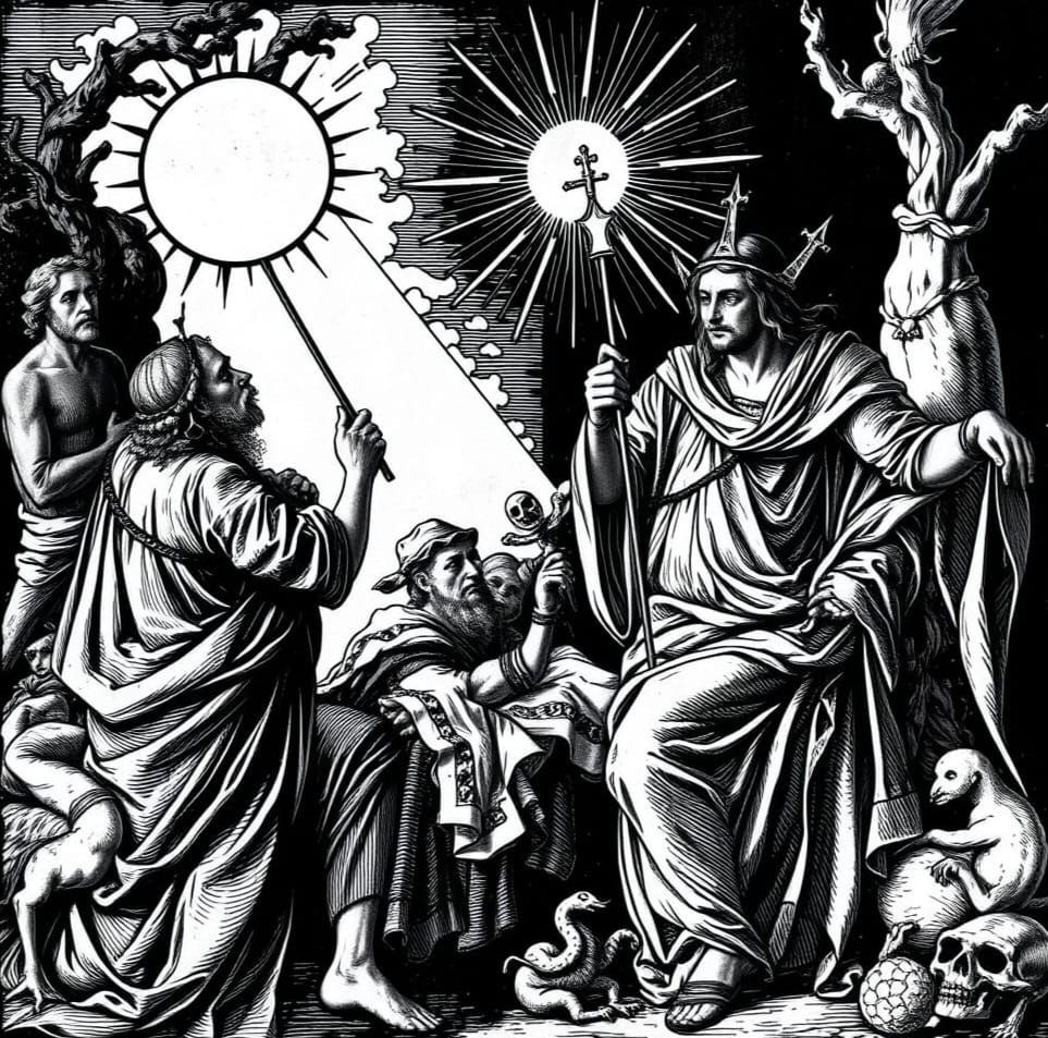 Black and White Woodcut Allegory in Dürer Style