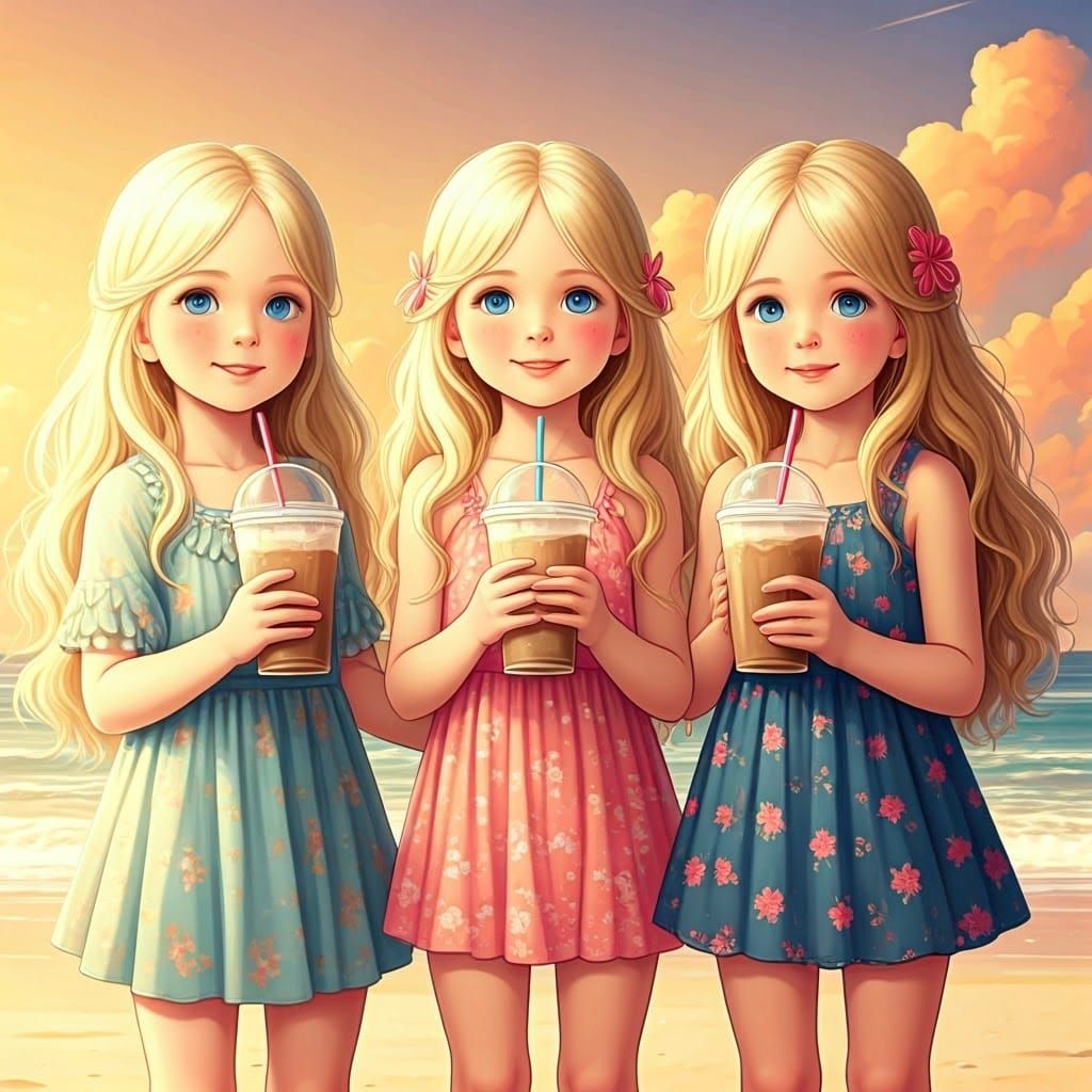 Blonde Girls in Joyful Beach Scene with Iced Coffees and Sun...