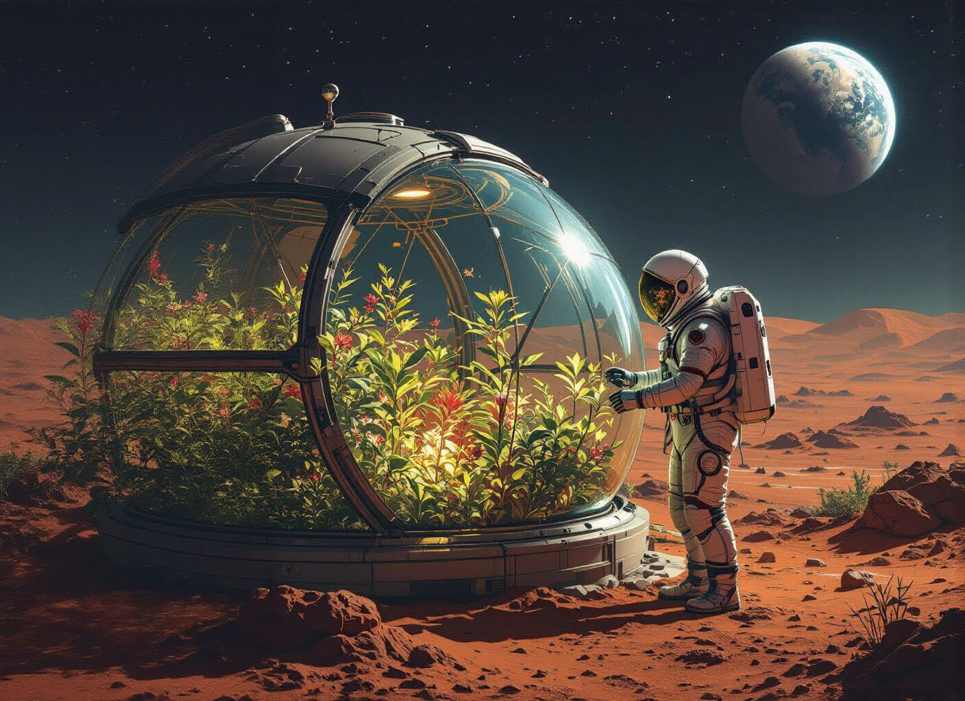Bioluminescent Garden on Mars in Sci-Fi Style