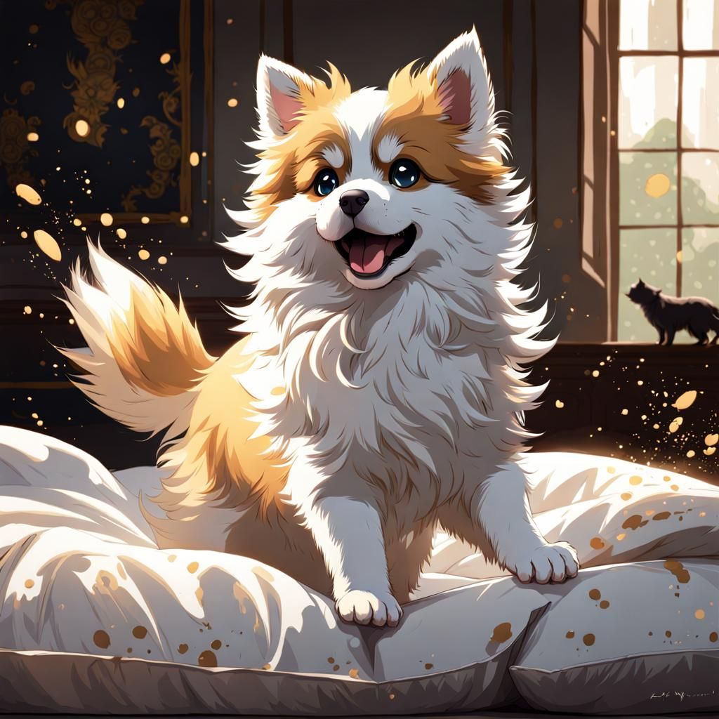 Adorable Pomeranian Mid-Jump, Digital Splatter Art