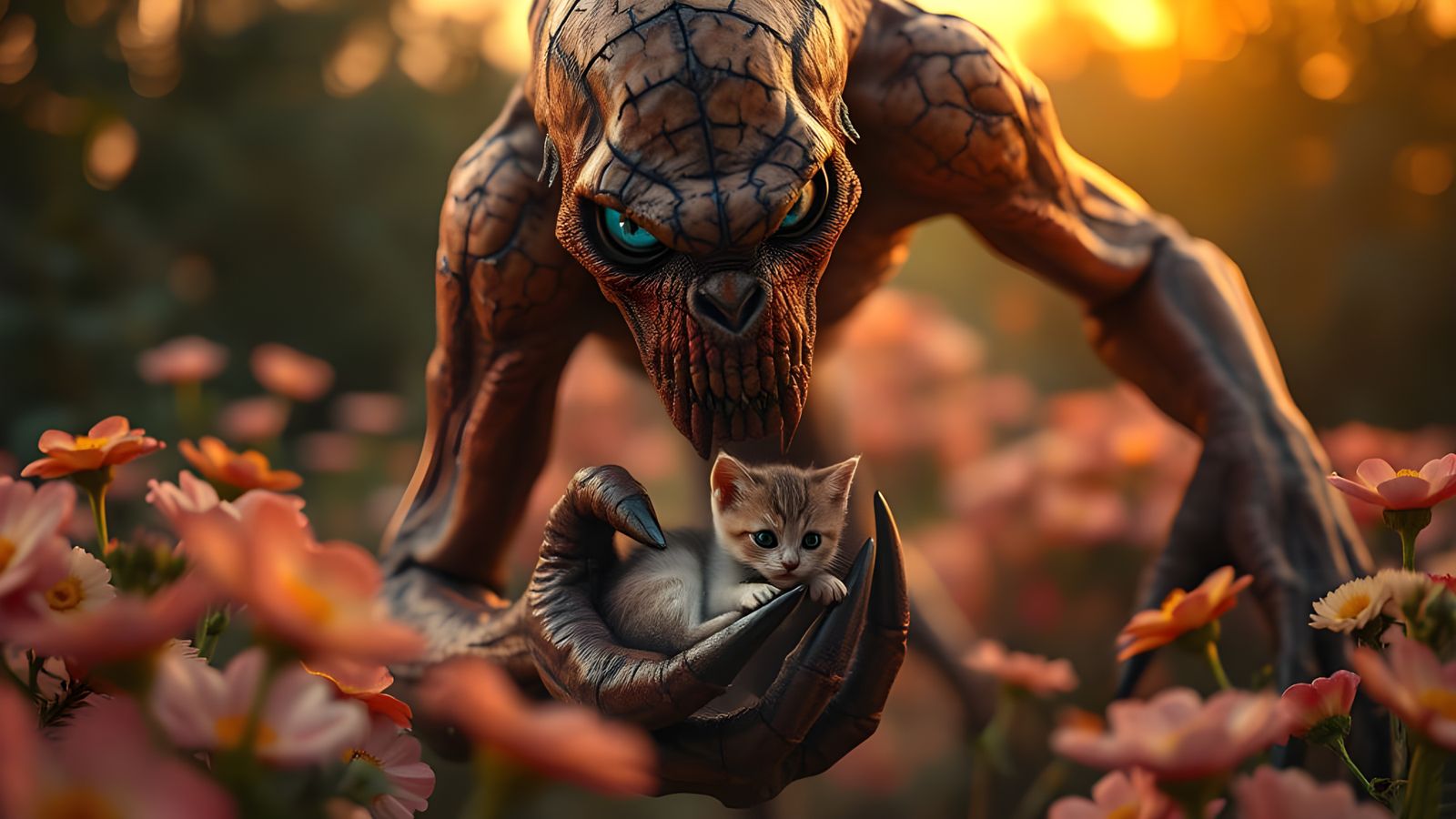 Grotesque Monster Cradles Kitten in Twilight Garden