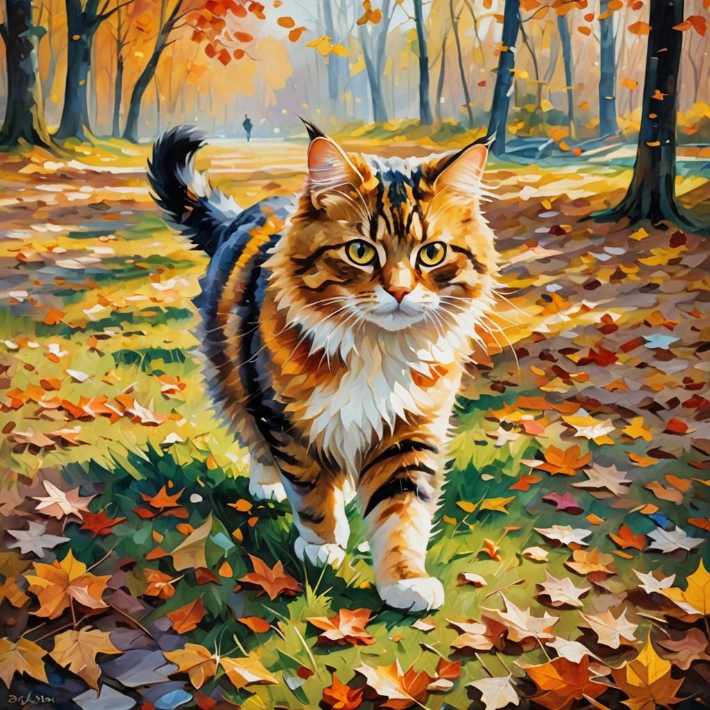 Happy Cat in Autumn Park: Impressionist Oil Painting