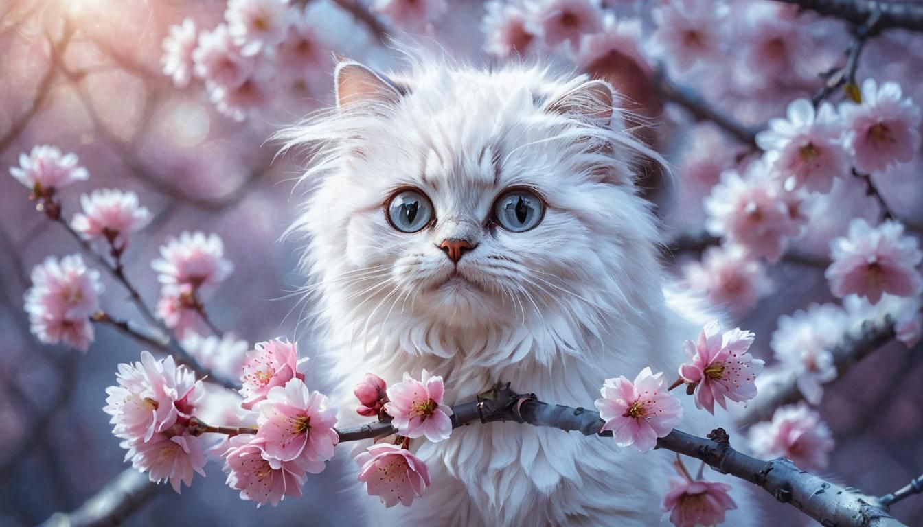 Blonde Cat Under Cherry Blossoms, Impressionist Airbrush Art