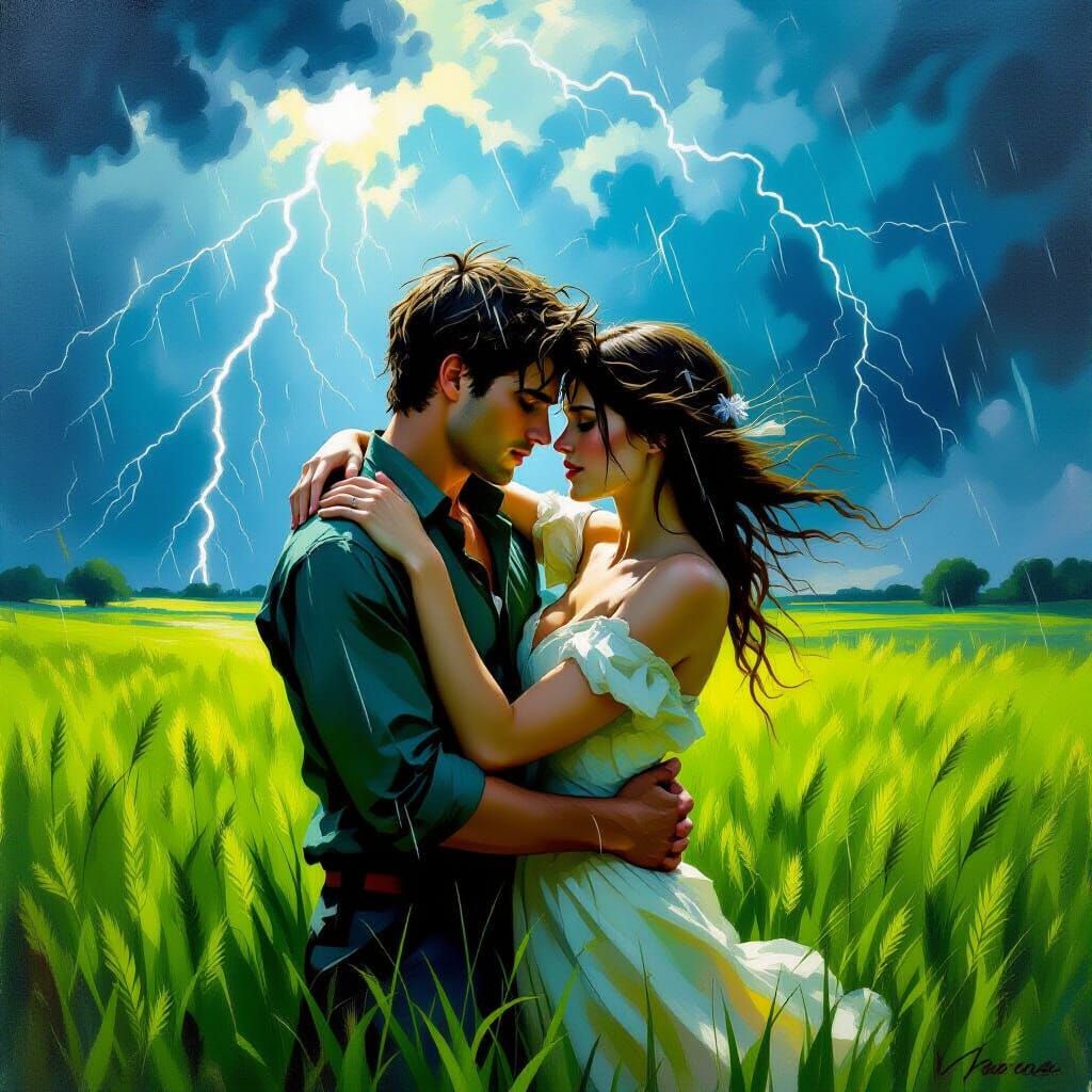 Couple Embraces in Stormy Field, Expressive Oil Painting