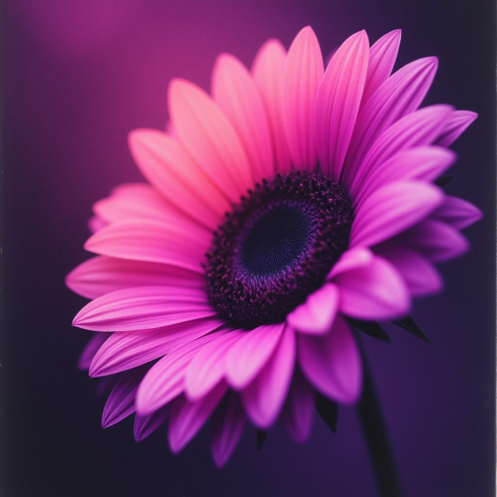 <lora:Neon Charcoal:1.0> A macro shot of a vibrant pink sunflower, reflecting cozy and surreal elements like floating is...