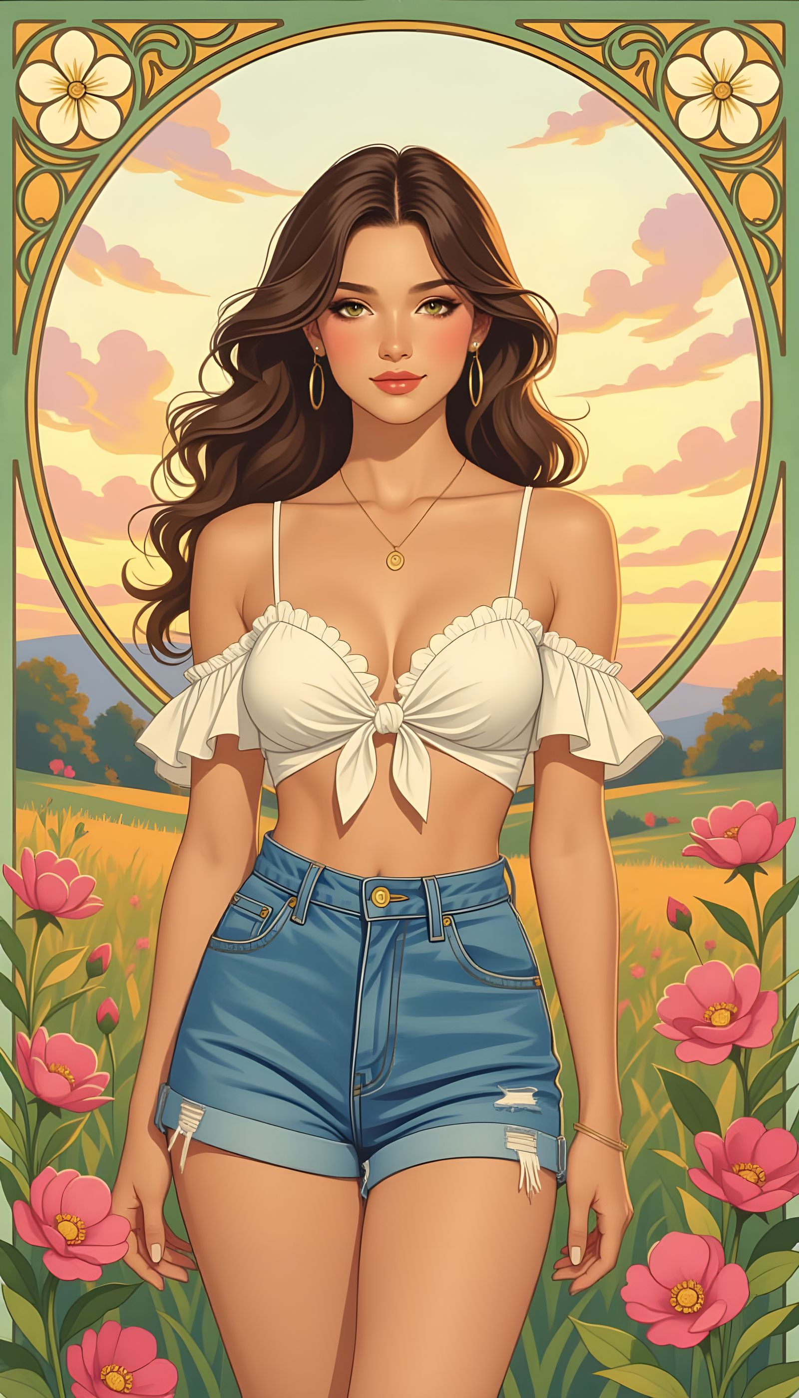 Watercolor Girl in Nature Evening Background