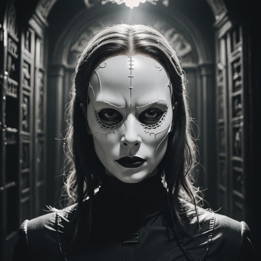 Eerie Woman in White Mask: A Surreal Portrait