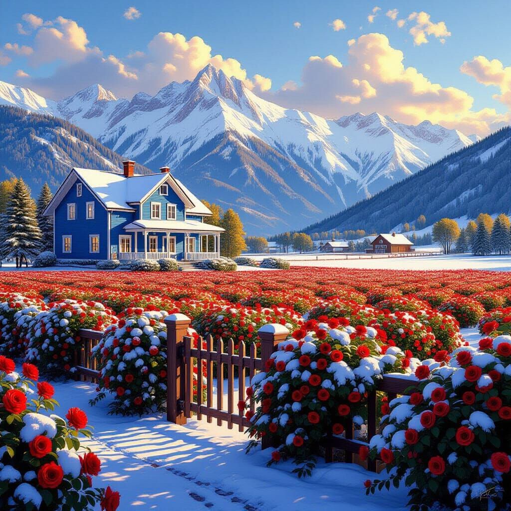 Azure Villa Amidst Cherry Fields and Snowy Mountains