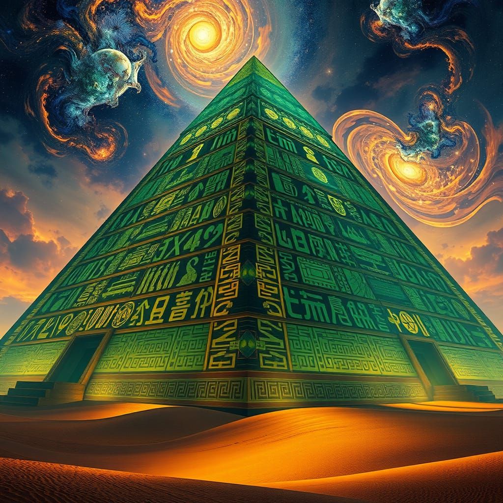 Ethereal Pyramid of Luminous Hieroglyphs in Dreamlike Style
