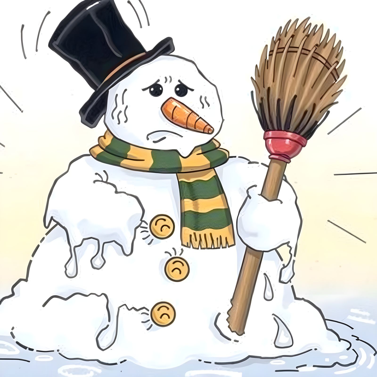 Melting snowman, distressed expression, holding a broom, car...