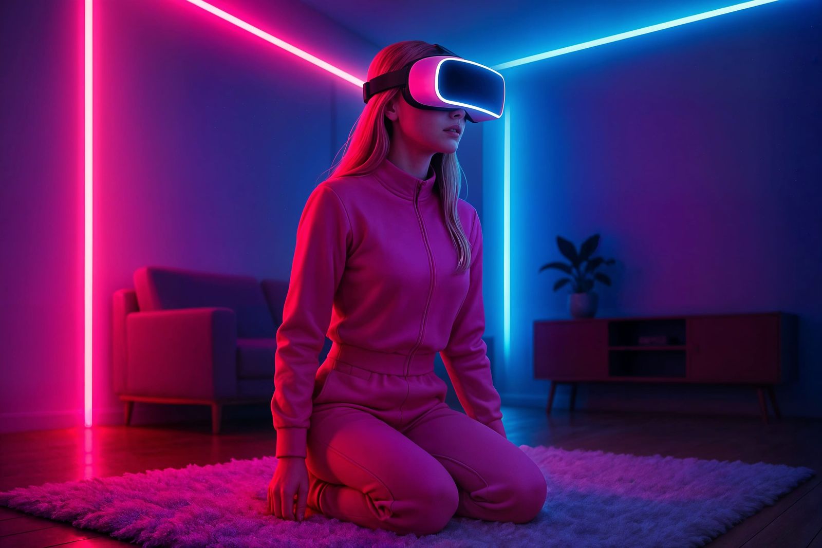 Woman Immersed in VR in Neon Lit Room