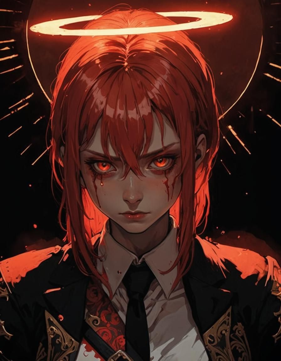 Makima Rides a Black Horse in Dark Fantasy Style