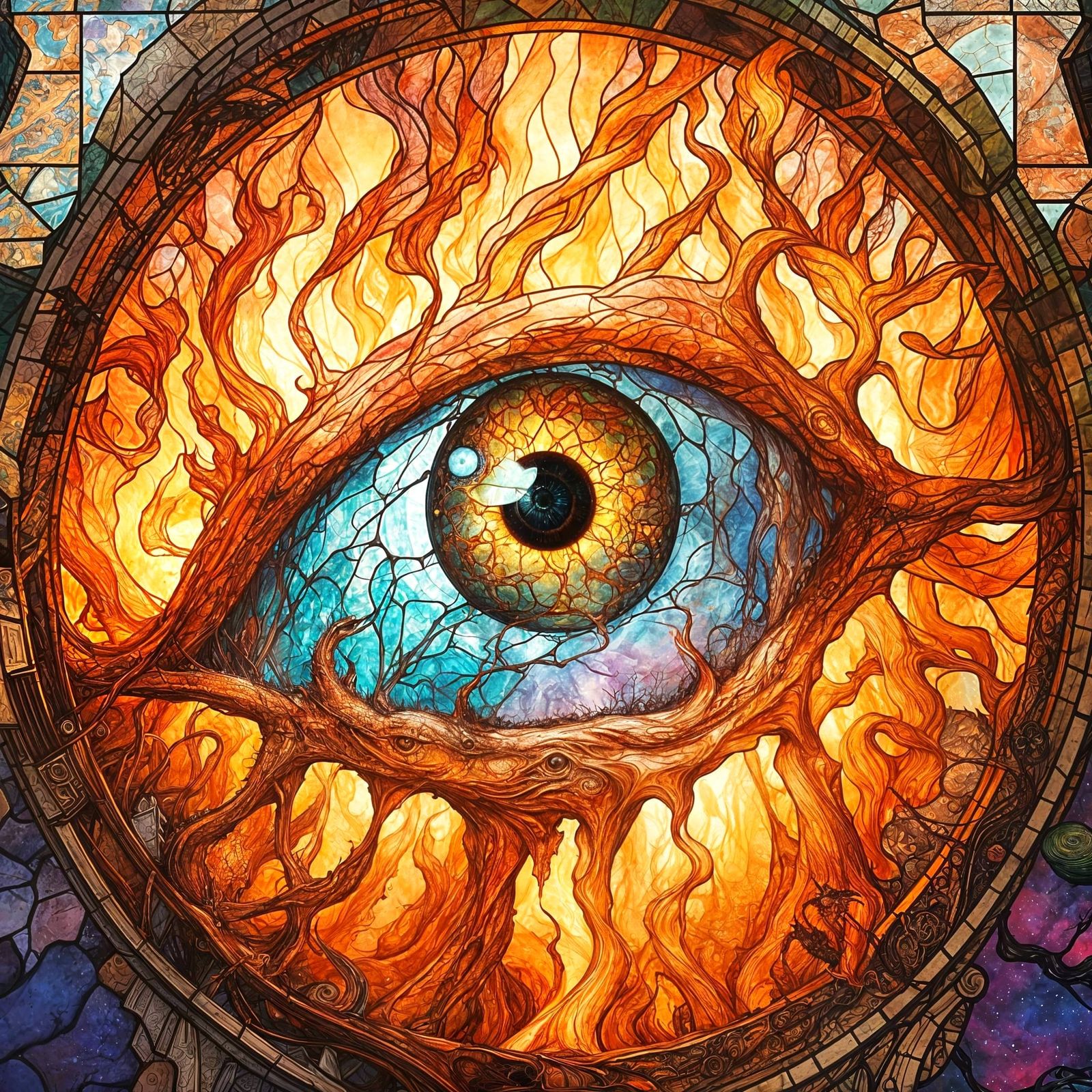 Stained Glass Flaming Eyeball: Hyperdetailed Illustration