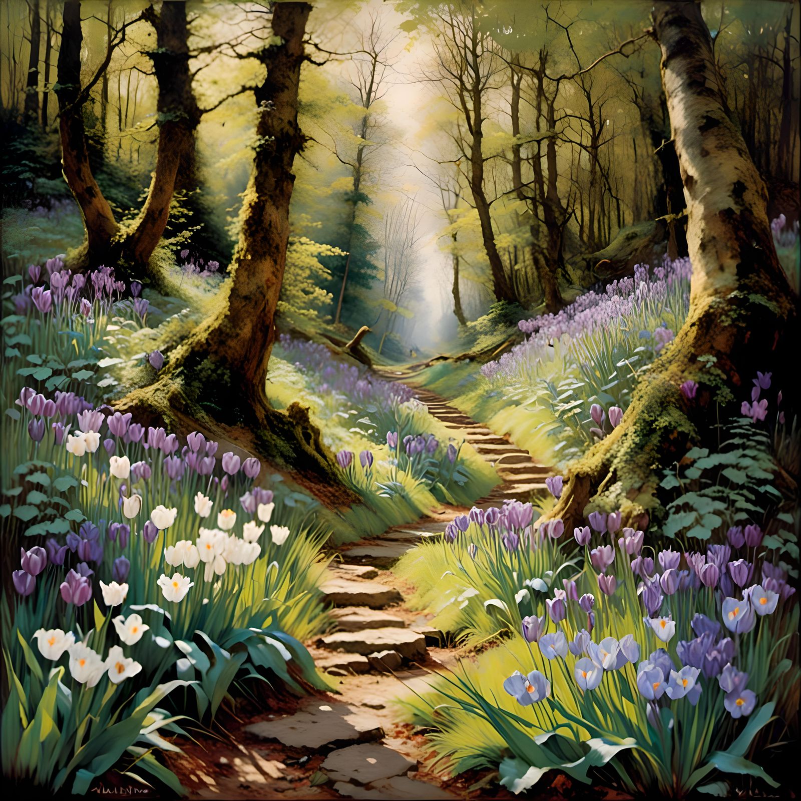 Mystic Forest Path Inspired by Classic Illustration
