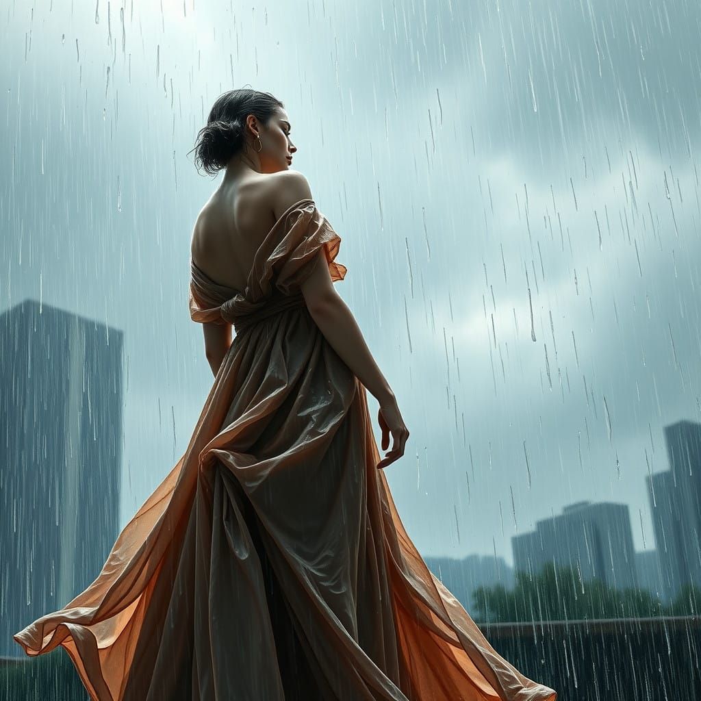 Serenity in the Storm: A Woman's Elegant Form Amidst Turbule...