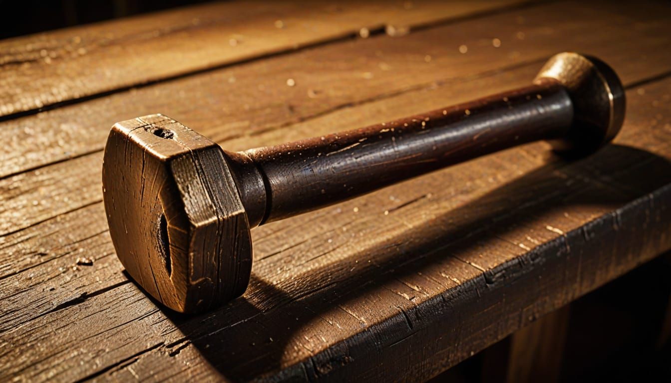 Golden Hammer on Weathered Workbench