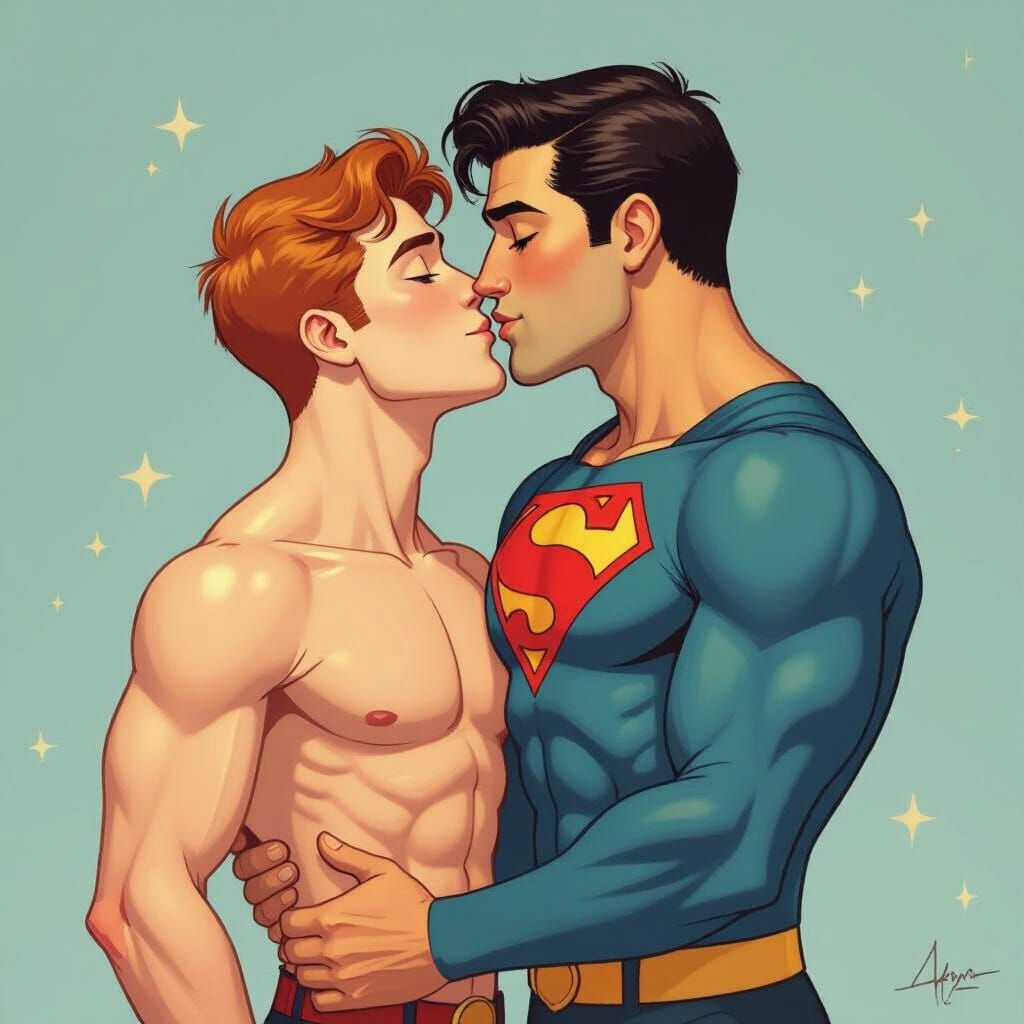 Two Men Share a Kiss in Animated Comic Book Style