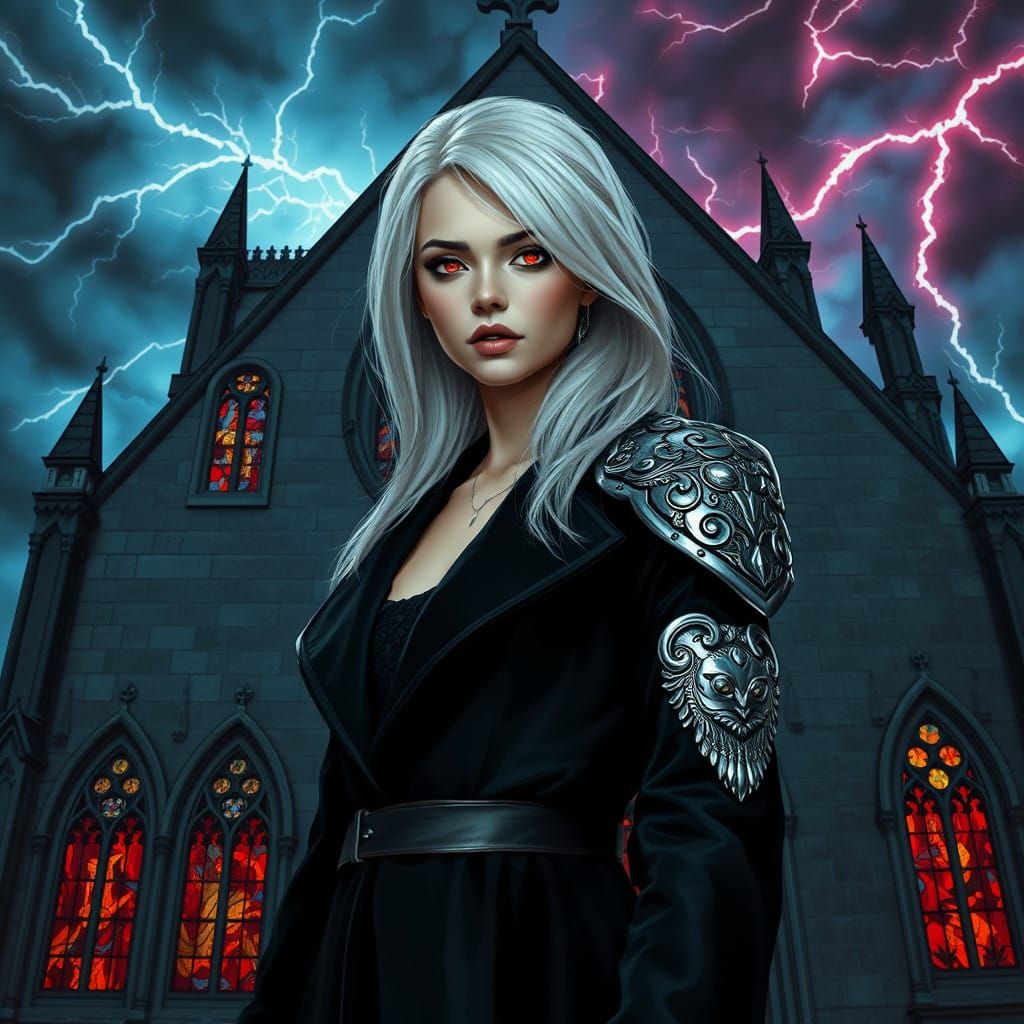 Gothic Warrior Woman in Resplendent White Hair and Red Eyes