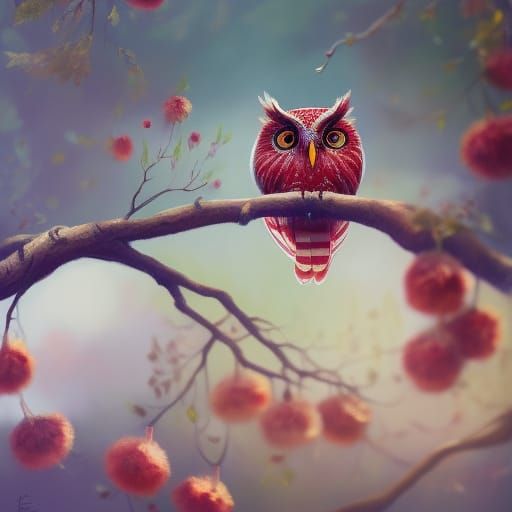 Red Owl Among Flowers in Hyperrealistic Style