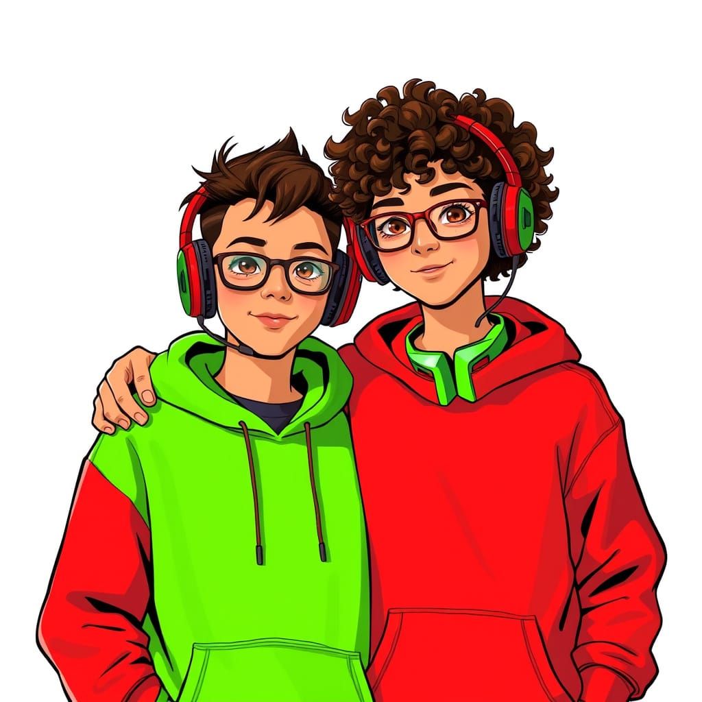 Tall Boy with Arm Around Curly Girl in Bright Hoodies