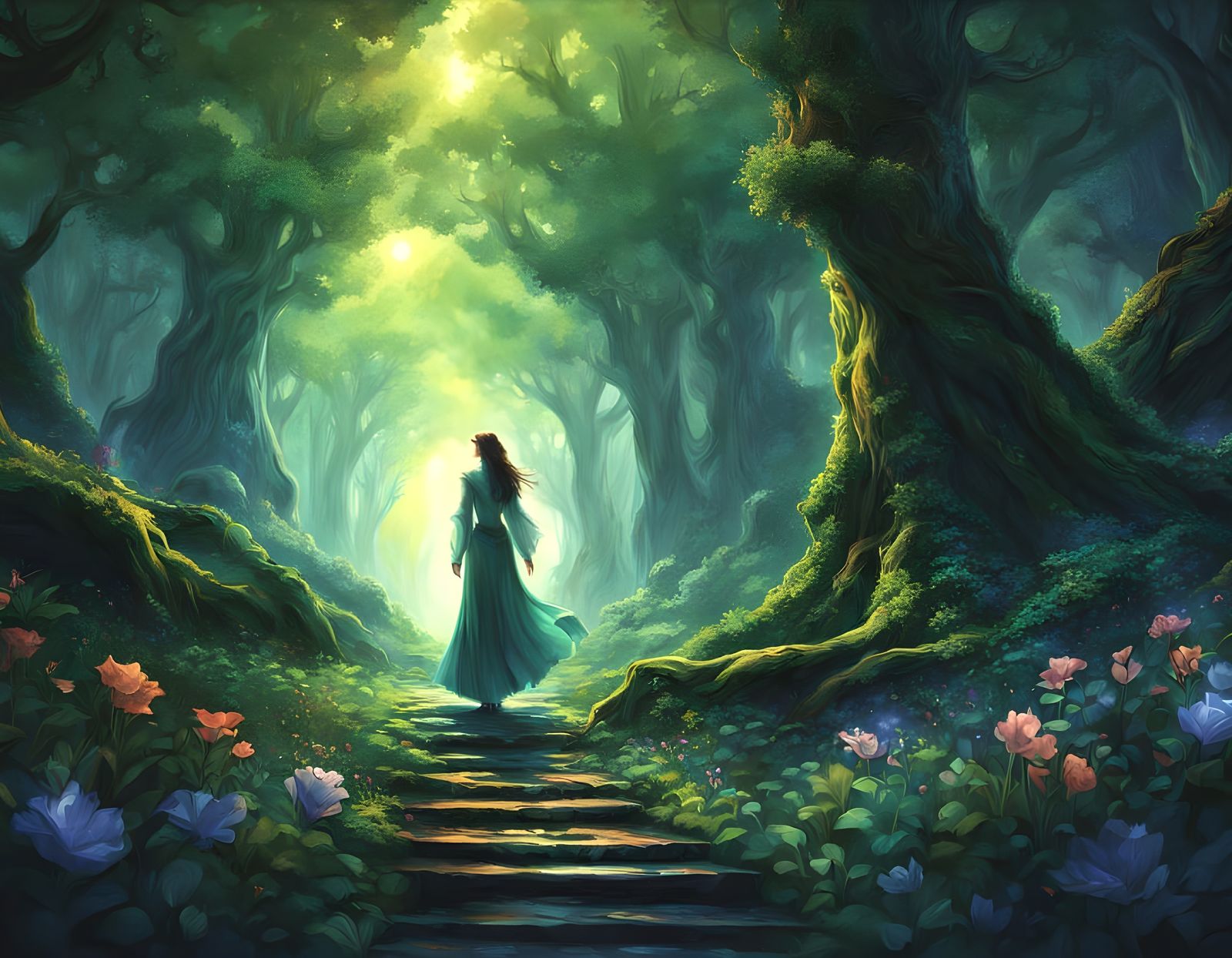 Mystical Forest Scene in Vibrant Colors