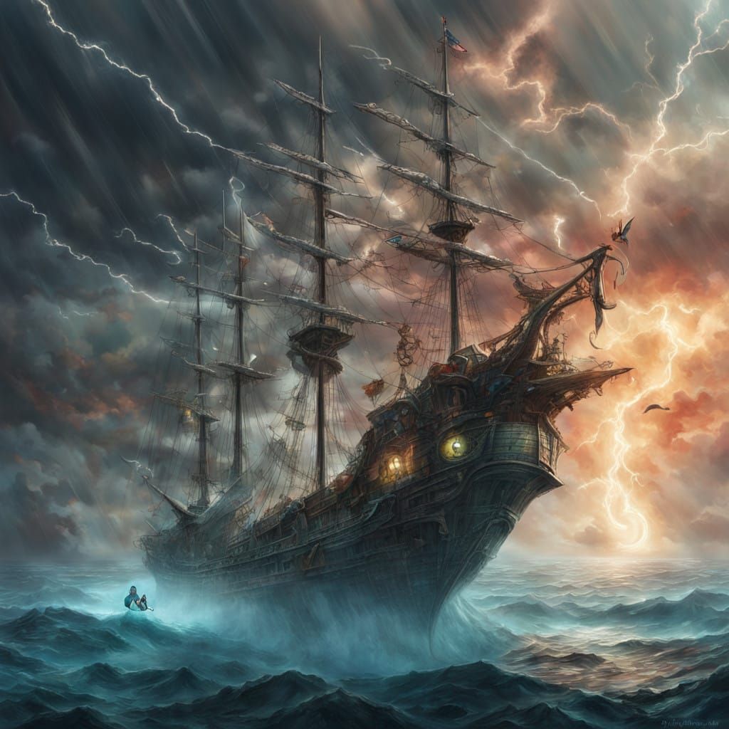 Surrealist Pirate Creature Emerges from Mysterious Stormy Se...