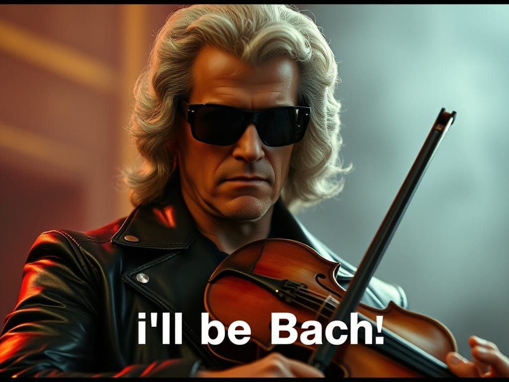 Arnold Schwarzenegger as Terminator with Bach Wig and Violin