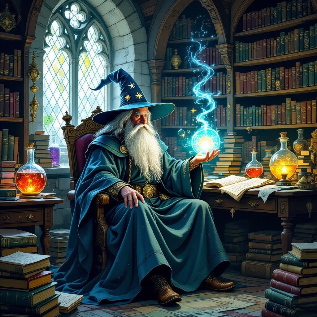 Wizard in Study, Fantasy Illustration Style
