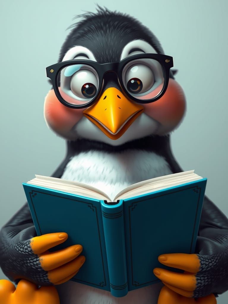 CGI Penguin Reading in a Library, Cyberpunk Style