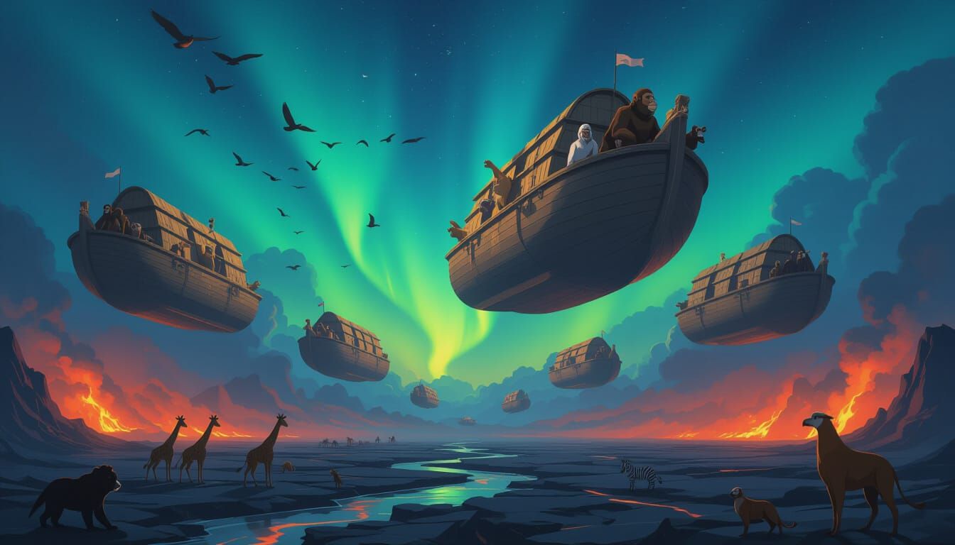 Noah's Arks Soar Through Apocalyptic Landscape in Manga Styl...