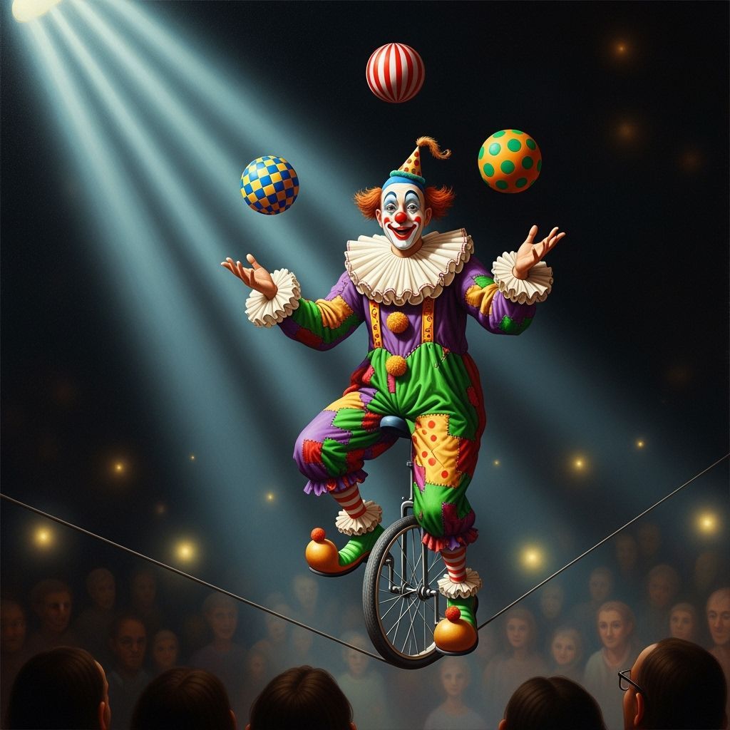 Clown Juggling on Unicycle in Surreal Oil Painting