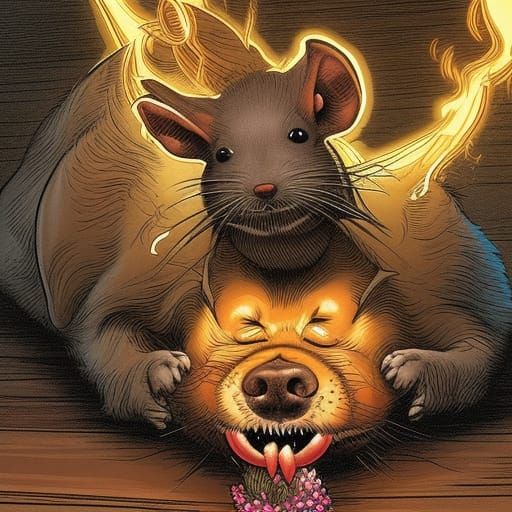 Dog Sneezing a Rat in Comic Book Art Style