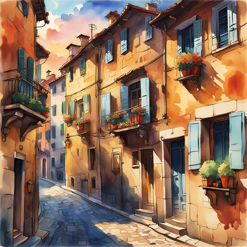 Italian Streets at Sunset: Studio Ghibli Watercolor