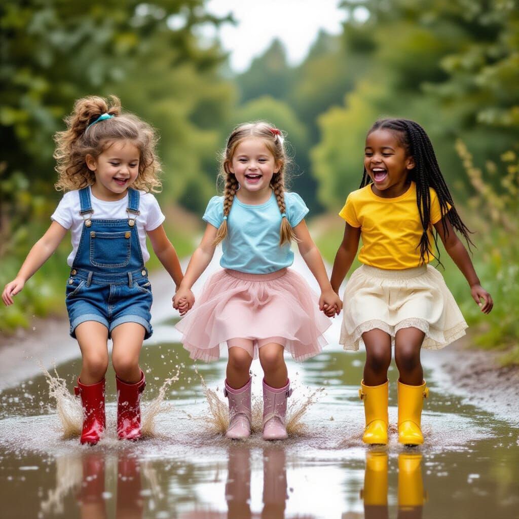 Joyful Girls Jumping in Puddles in Realistic Style