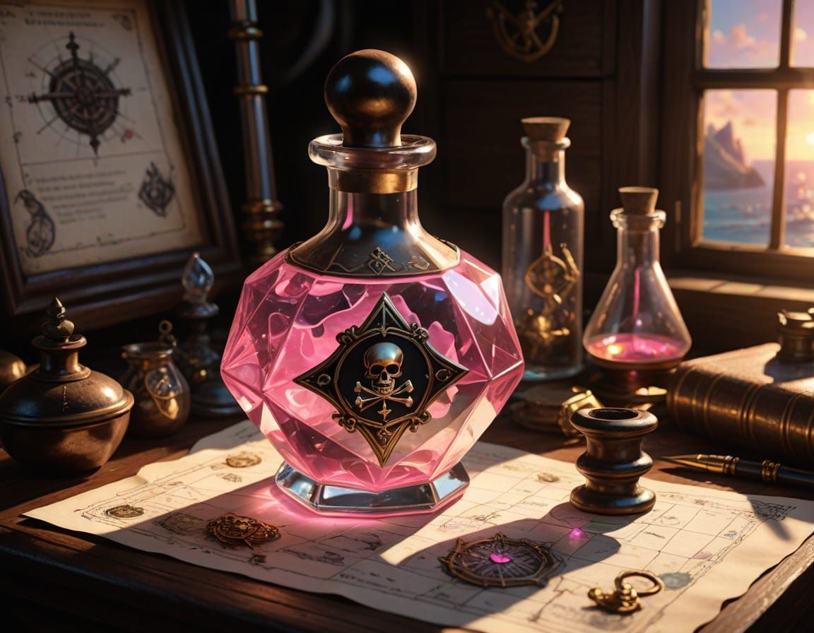 Iridescent Alchemical Potion in Diamond Bottle on Pirate Des...