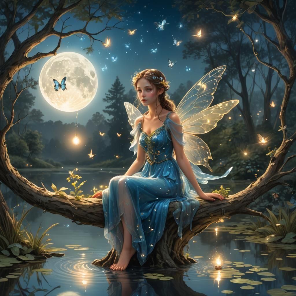 Enchanted Fairy with Butterfly in Moonlit Forest