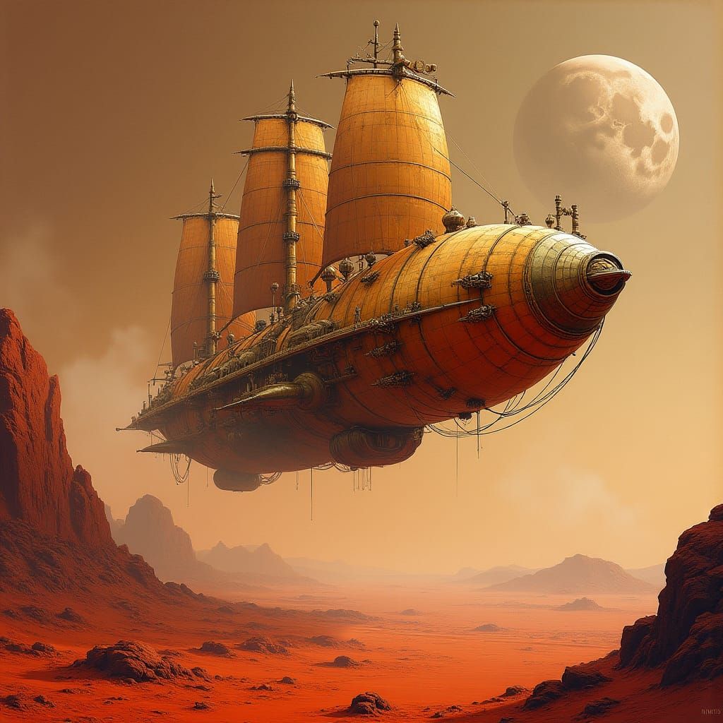 Steampunk Spaceship Lands on Mars in Gouache Style