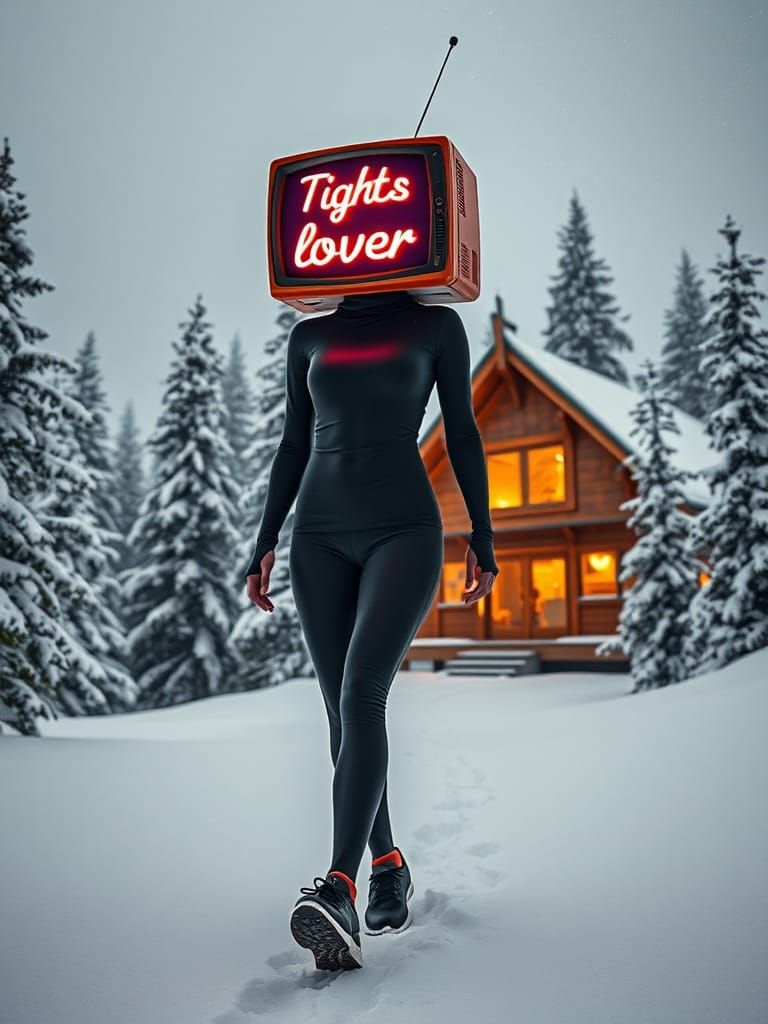 Woman with TV Head in Snowy Finnish Landscape