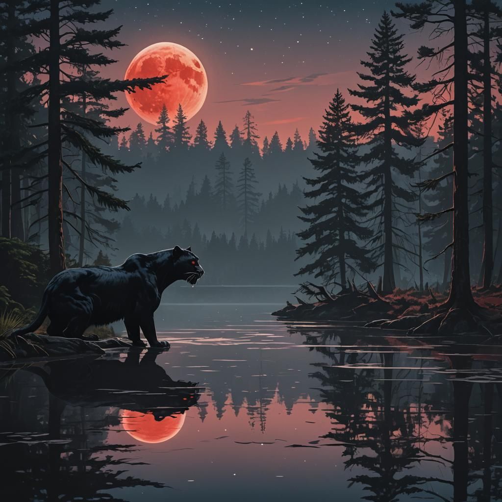 Black Panther at Moonlit Lake Under Red Moon