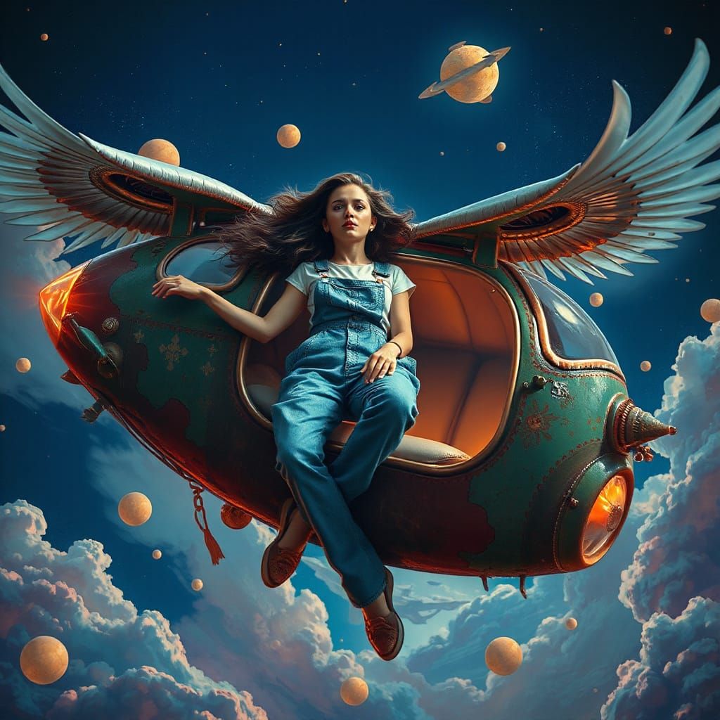 Surreal Woman on Flying Object in Psychedelic Style