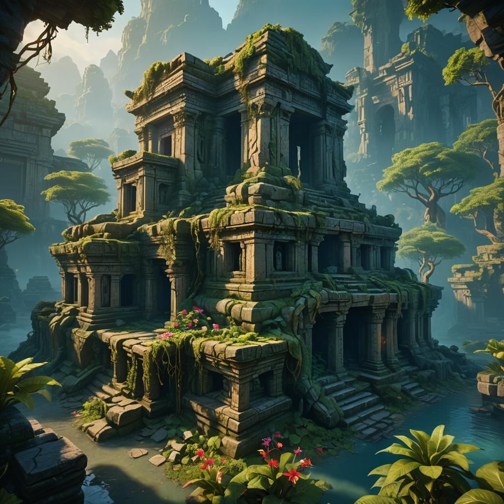Misty Island Temple Ruins in Fantasy Concept Art